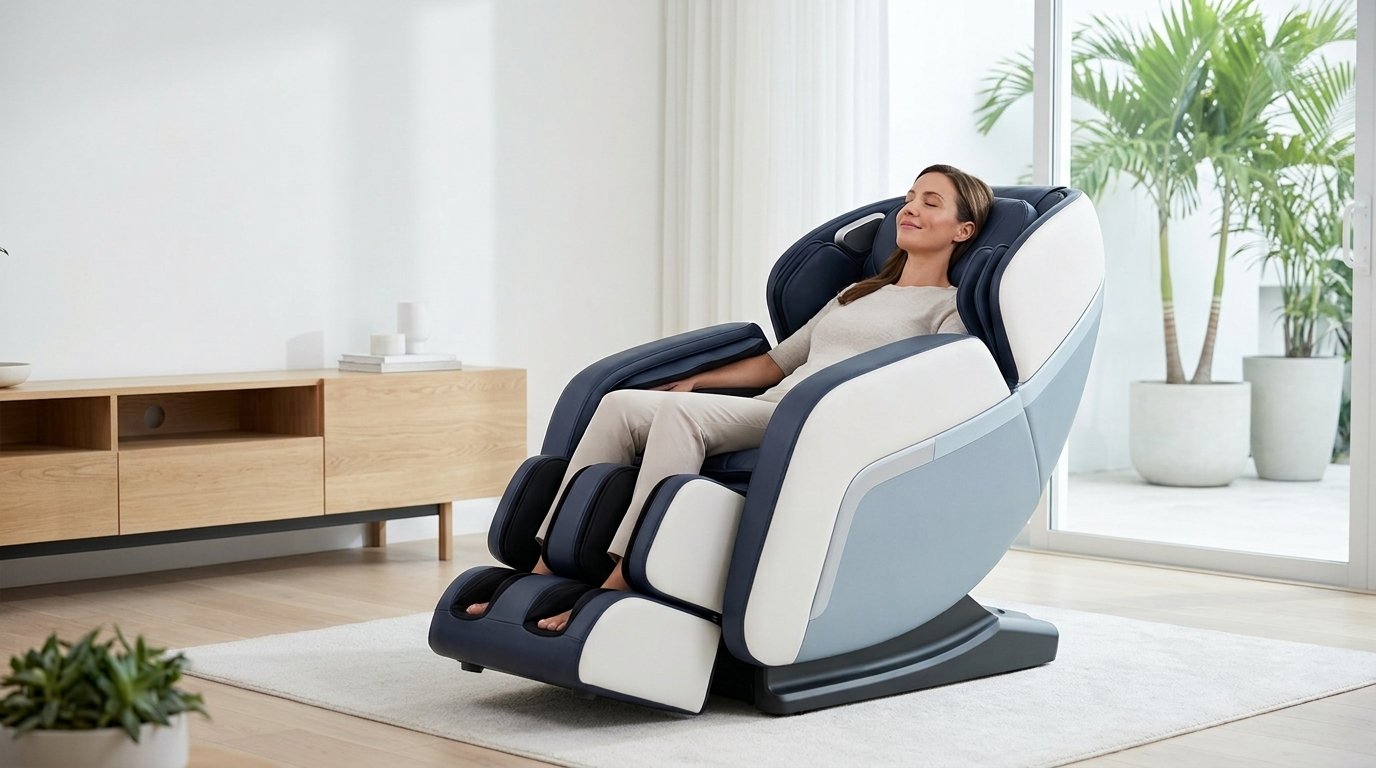 Person relaxing in a massage chair at home