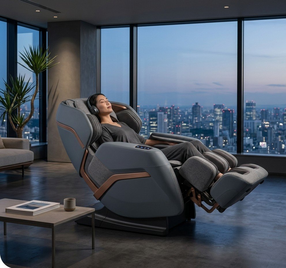 Zero gravity massage chair in a reclined weightless position